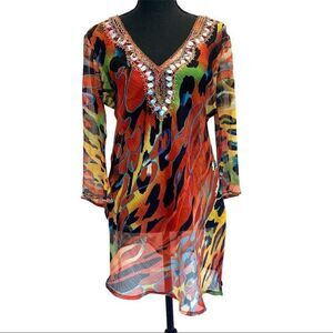 SOLITAIRE BY RAVI KHOSLA  multicoloured sequin beaded beach cover-up blouse M🔥